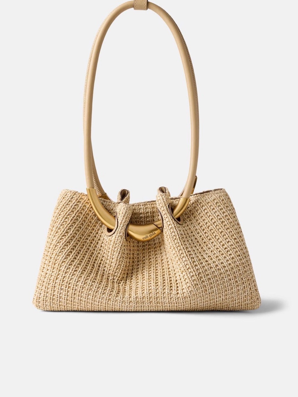 cult gaia Natural Beige Woven Shoulder Bag with Gold Hardware